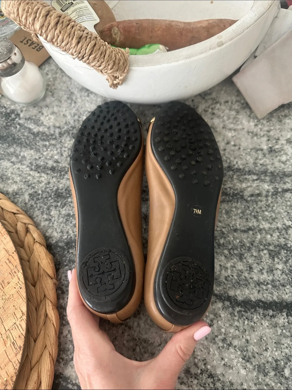 Tory Burch Two-Tone Tan and Black Cap-Toe Flats with Gold Accent